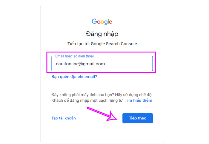 Đăng nhập Google Search Console bằng tài khoản google