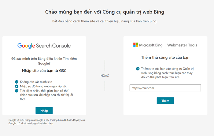 Đăng ký xác thực website với Bing Webmaster