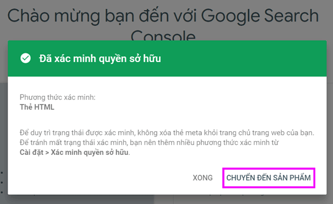 Hoàn thành xác thực website với Google search console 