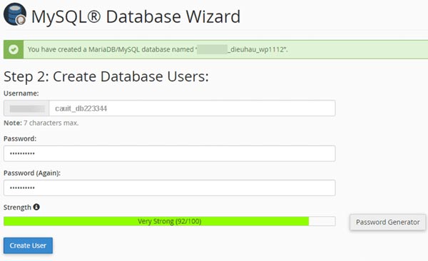 tao database cho wordpress