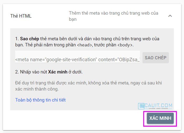 Xác minh website với Google search console